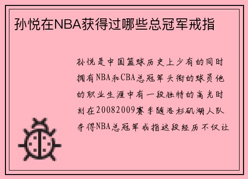孙悦在NBA获得过哪些总冠军戒指