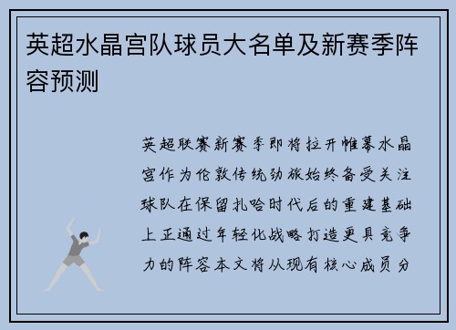 英超水晶宫队球员大名单及新赛季阵容预测